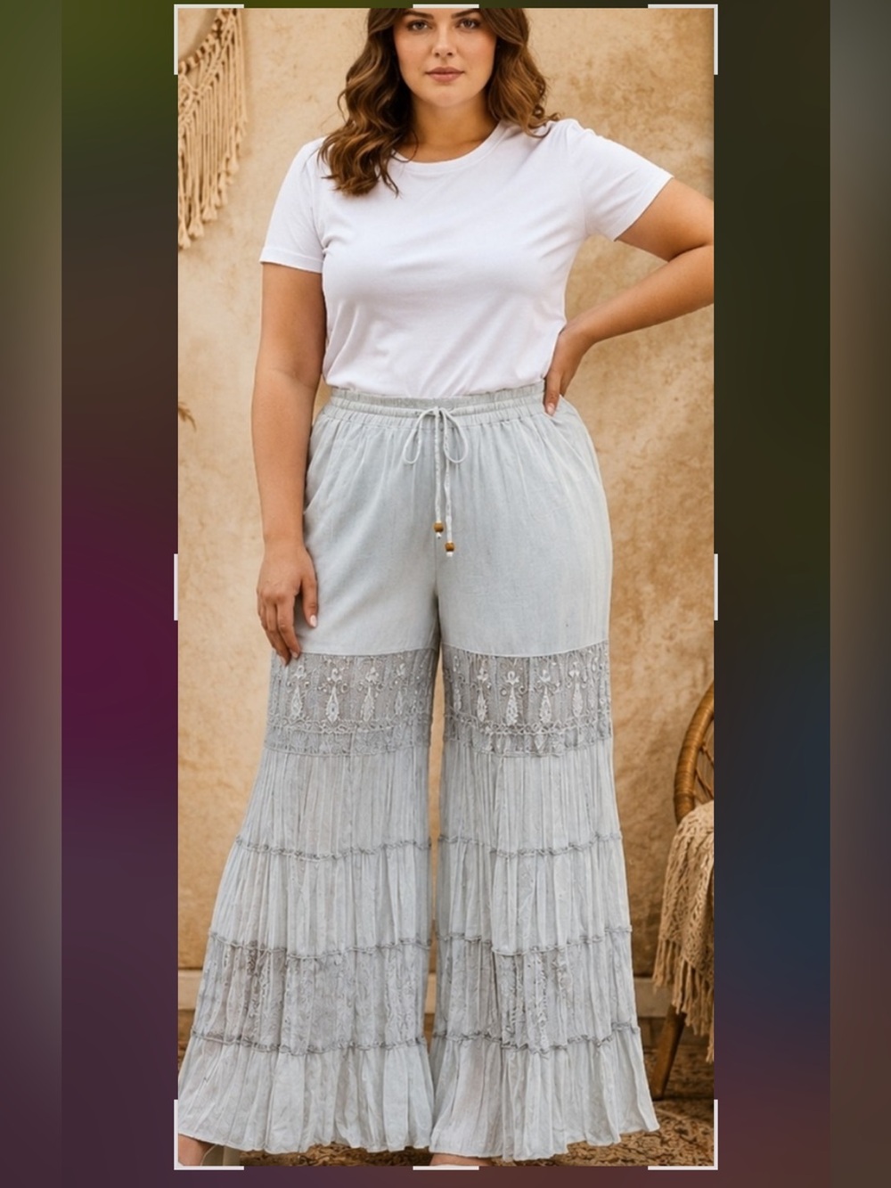 Young Threads Plus Size Wide Leg Lace-Trim Pants in Light  Blue